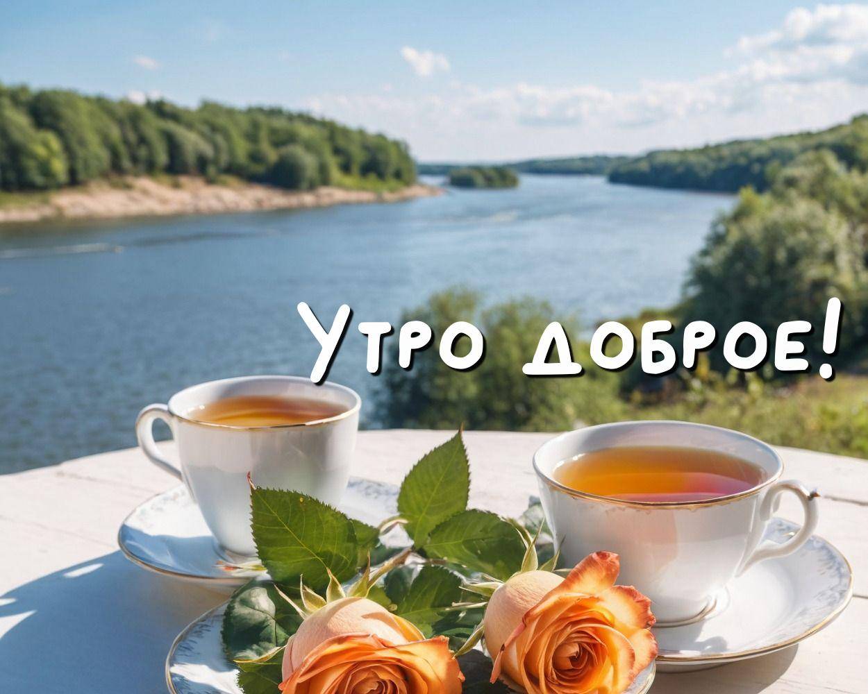 Утро, две чашки чая, два бутона и пейзаж