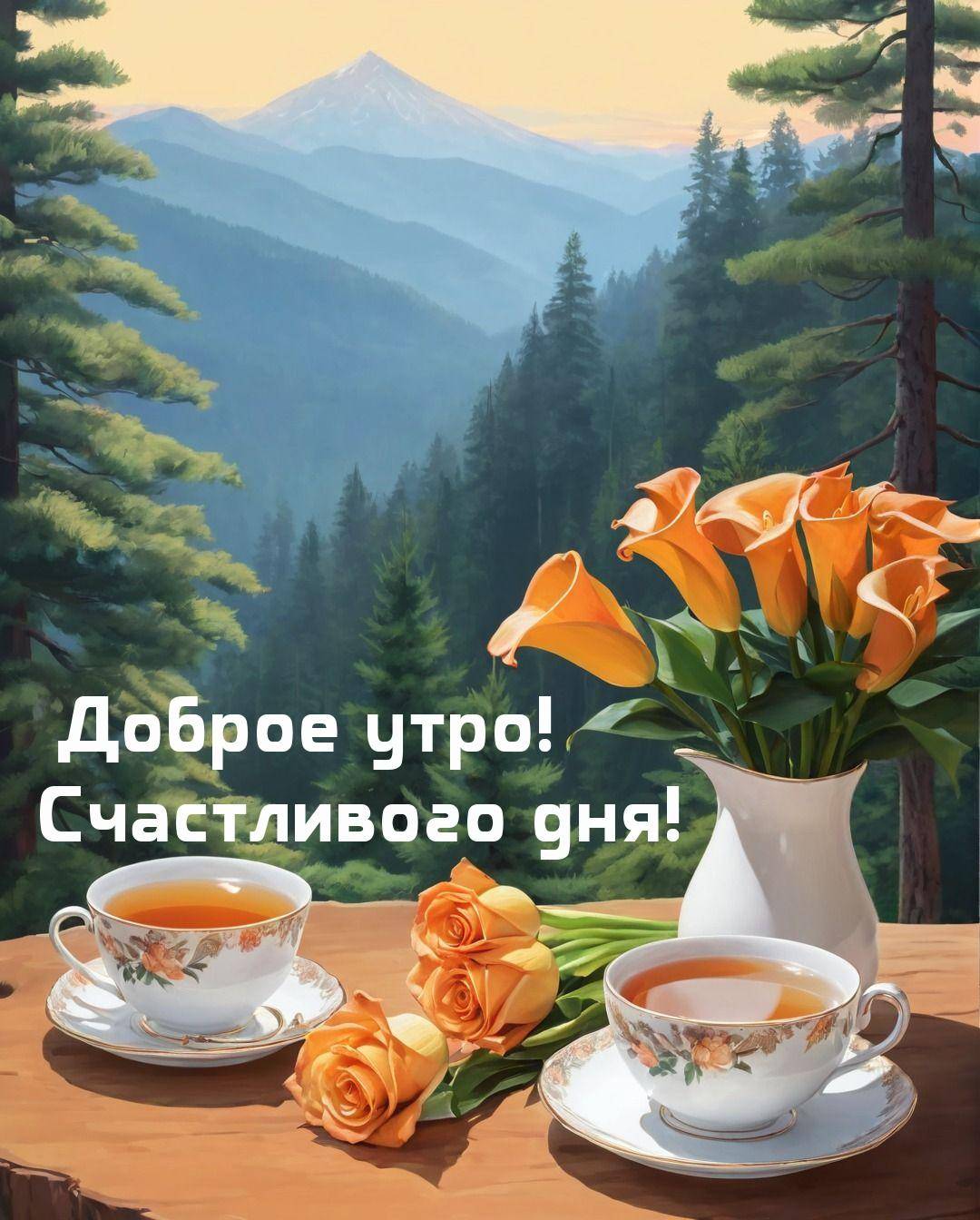 Утро, две чашки чая на столе с букетом цветов перед горами и лесом.