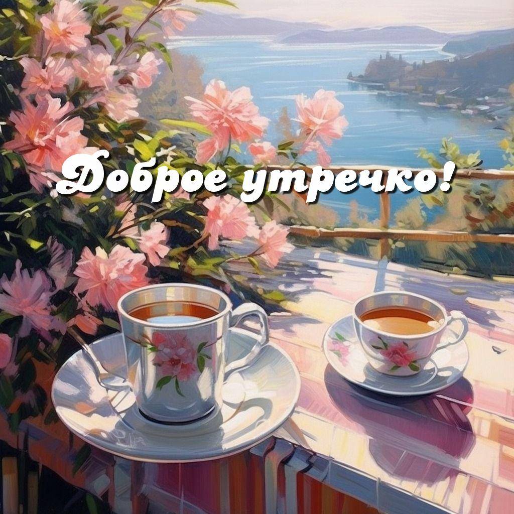 Утро, две чашки чая с цветочным узором, море и розовые цветы
