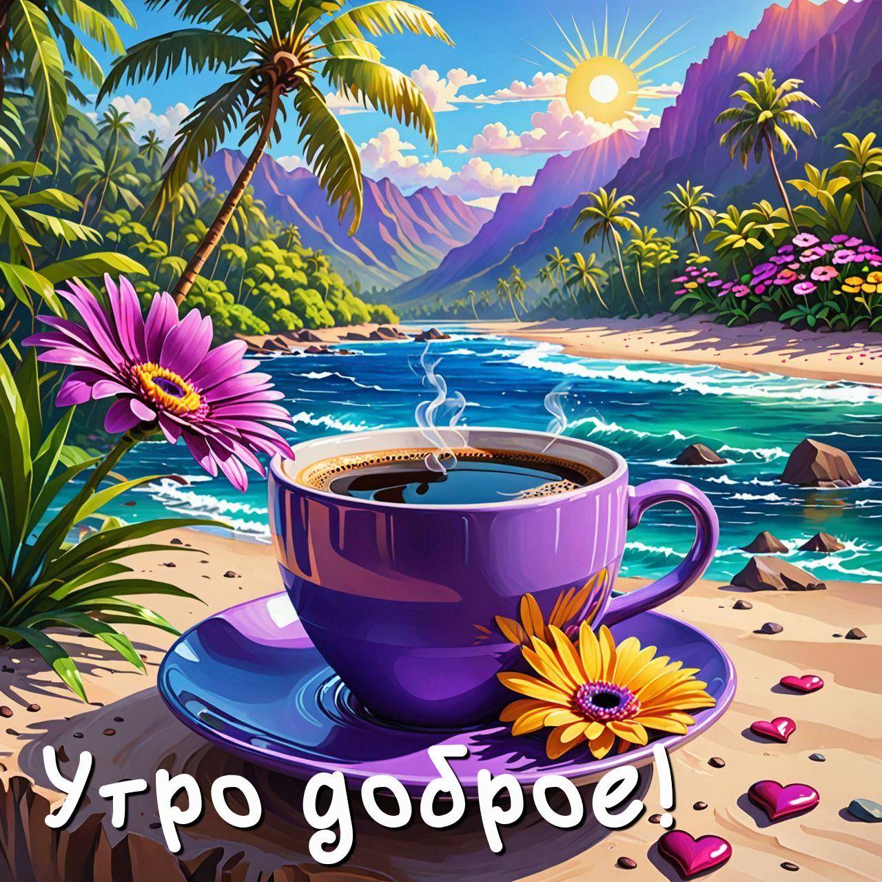 Утро, фантазийный тропический пляж с кофе, цветком и украшениями