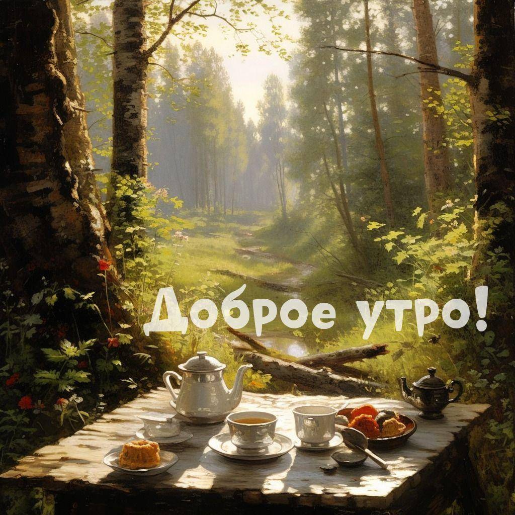 Утро, фарфоровый чайный сервиз на деревянном столе в лесу