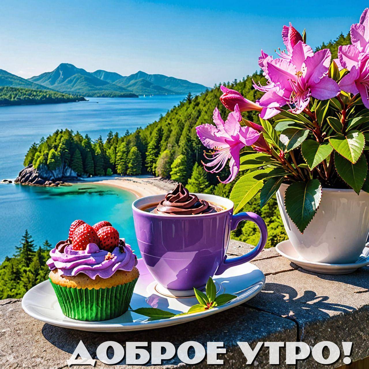 Утро, фиолетовая чашка и кекс на фоне озера