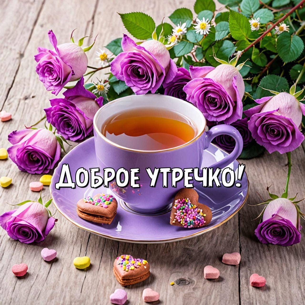 Утро, фиолетовая чашка с чаем и печеньем на блюдце