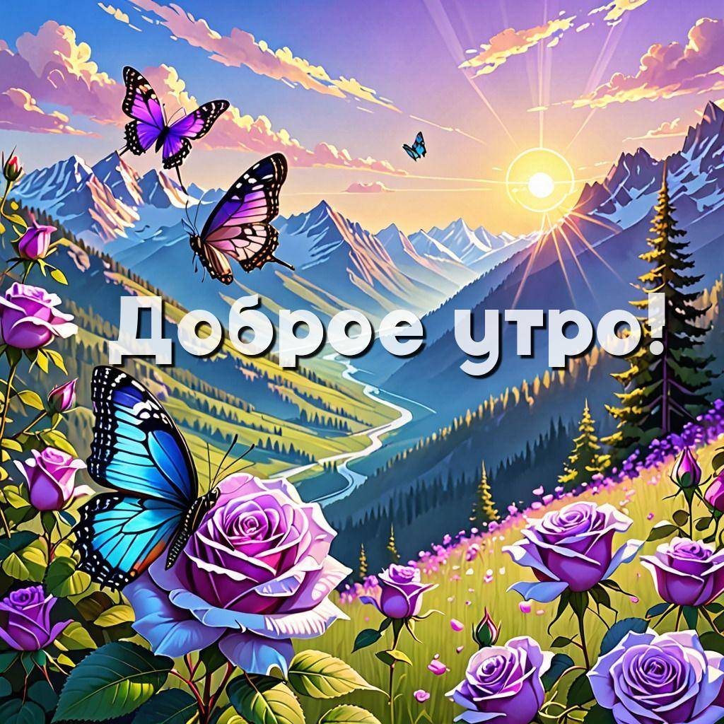 Утро, фиолетовые розы и бабочки на фоне гор и заката