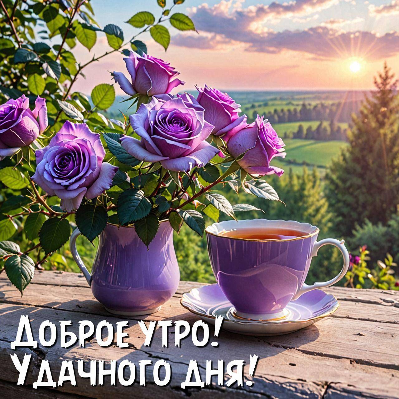 Утро, фиолетовые розы в кувшине и чашка с чаем на деревянной поверхности.