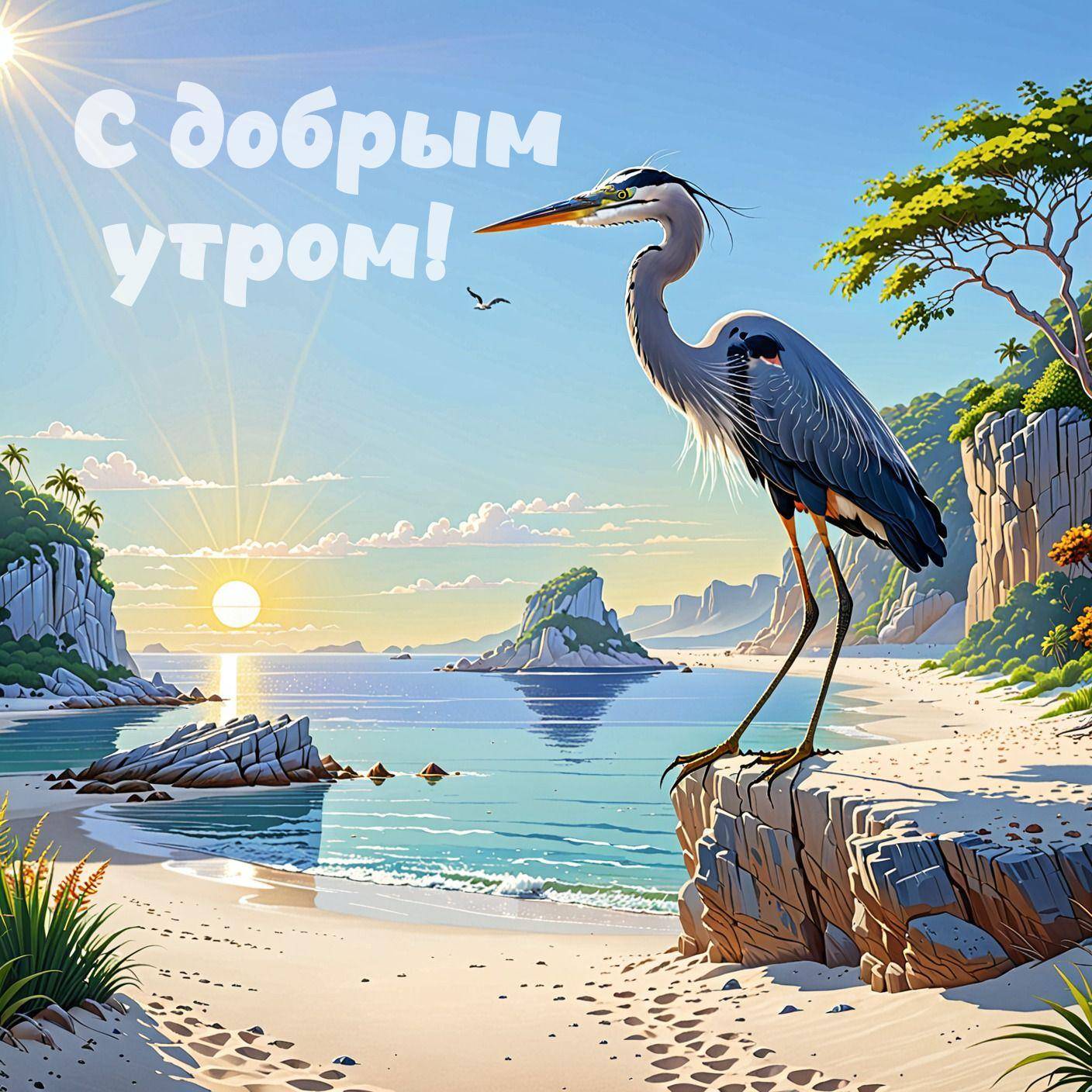 Утро, голубая цапля стоит на скале у берега
