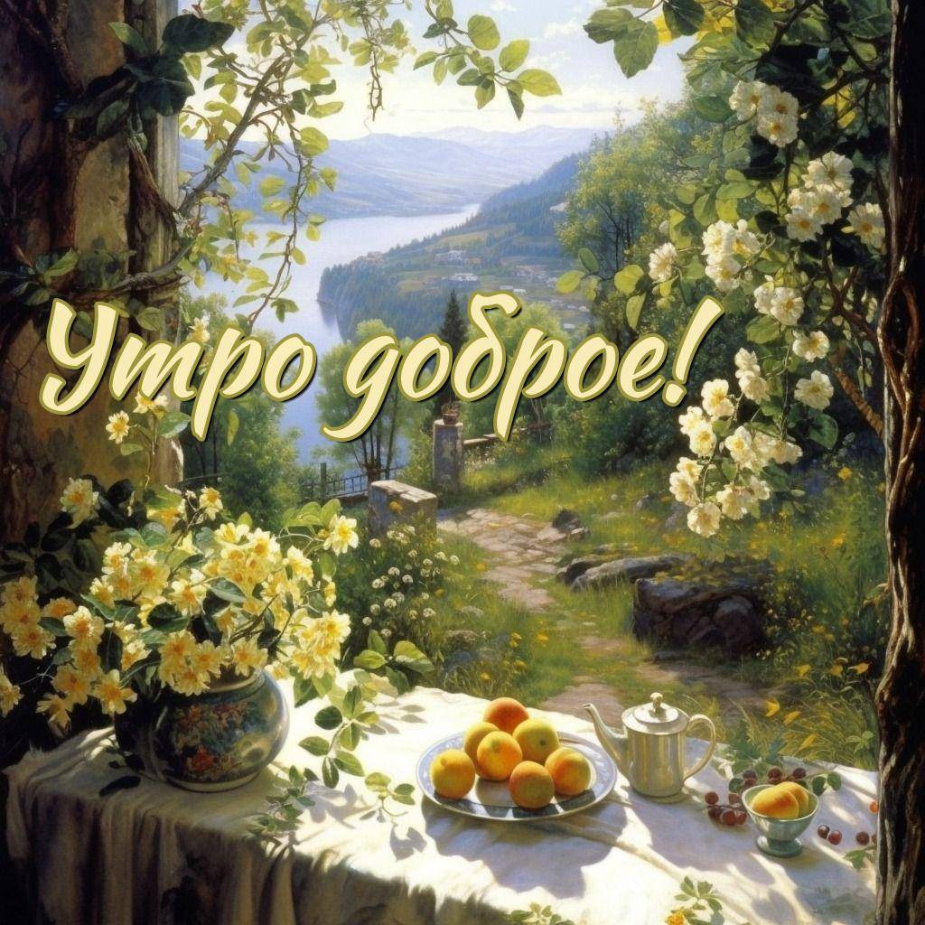 Утро, идиллический летний пейзаж с белой скатертью и фруктами