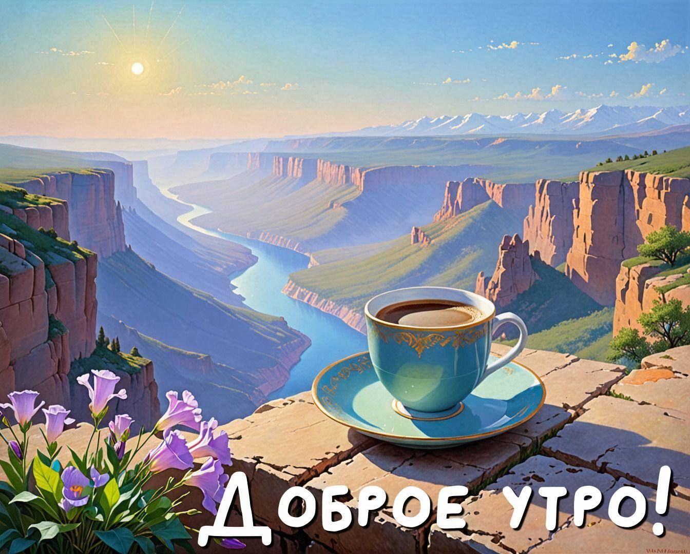 Утро, кофе, цветы, каньон и горы под ясным небом