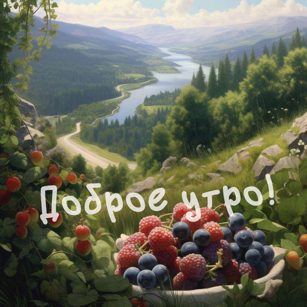 Утро, корзина с ягодами на фоне природы
