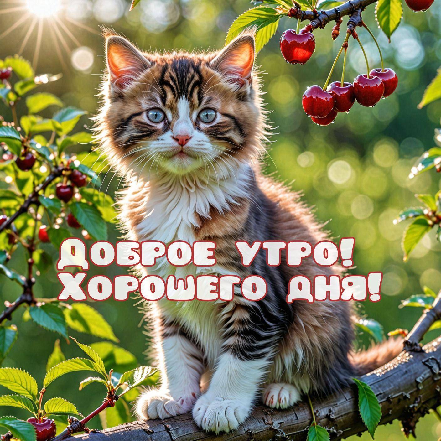 Утро, котёнок на ветке с ягодами вишни.