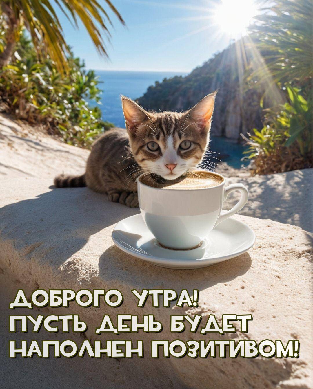 Утро, котёнок рядом с чашкой кофе на песке.