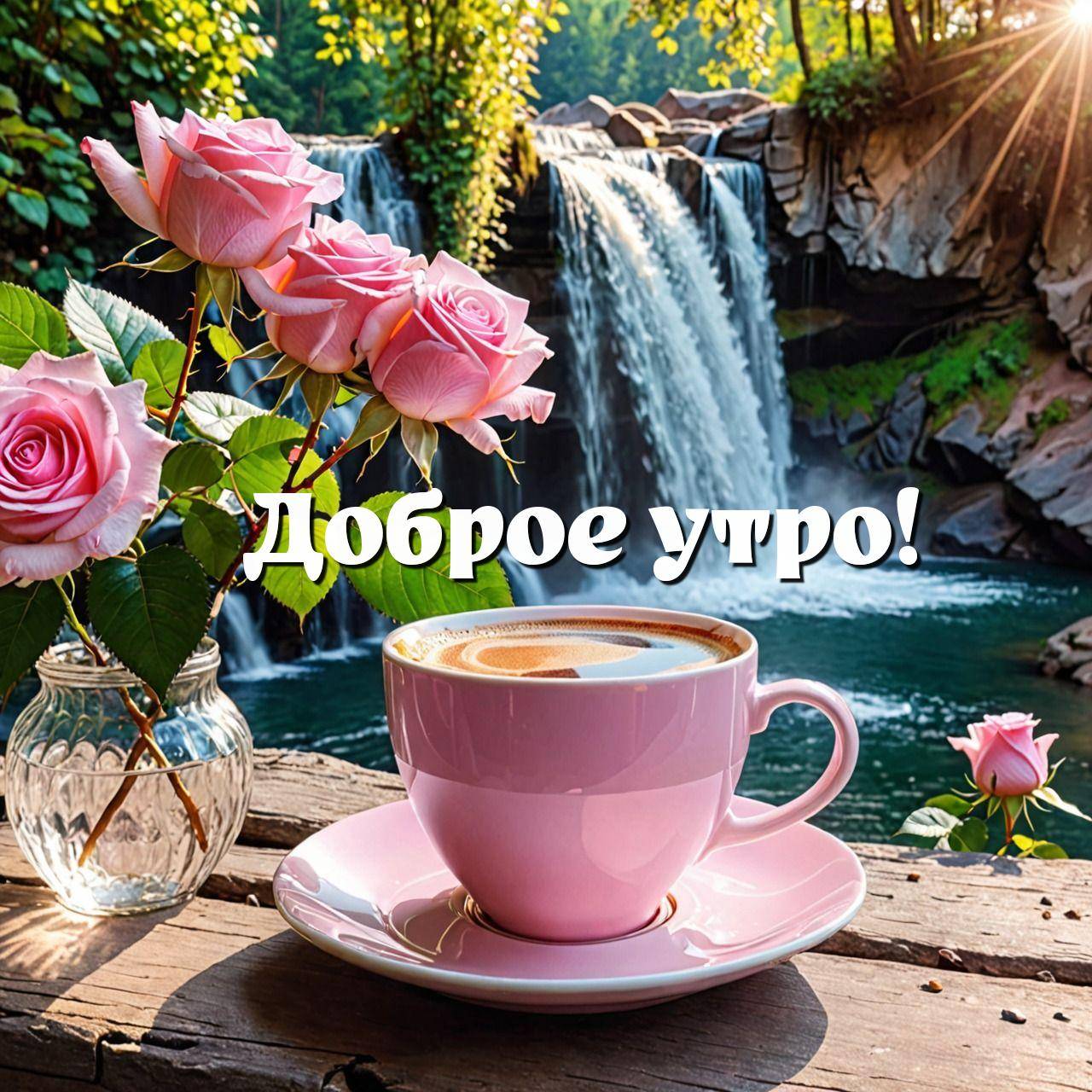 Утро, красивые розовые розы в стеклянной вазе на столе
