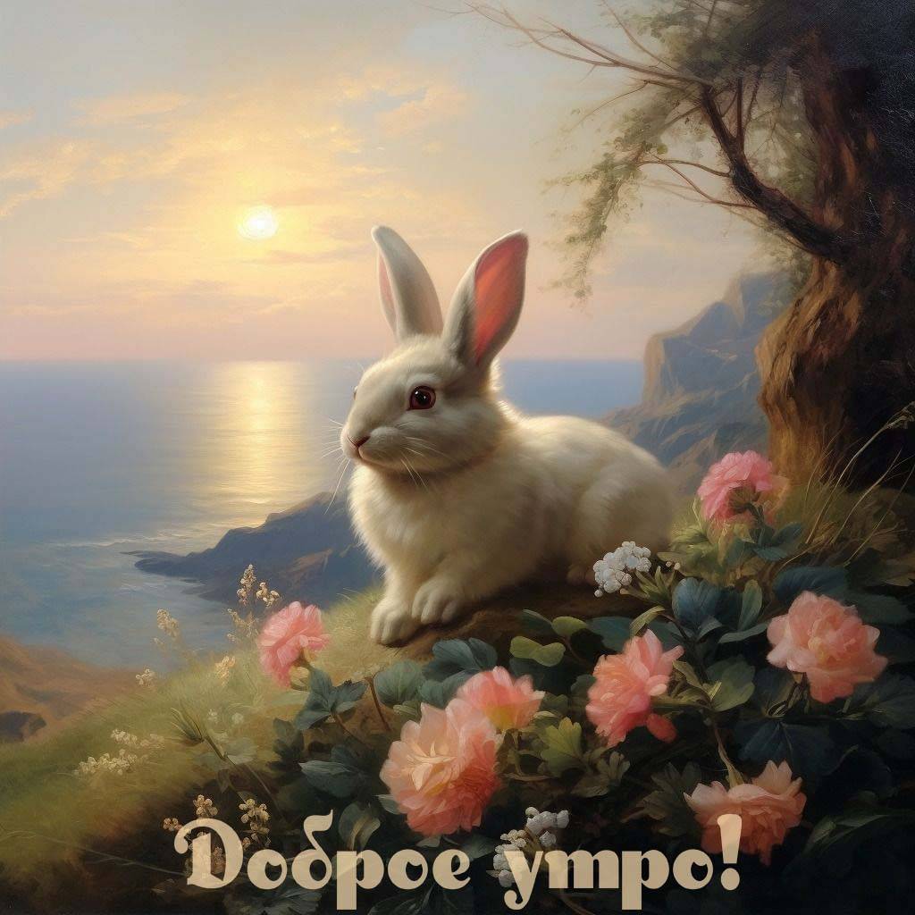 Утро, красивый белый кролик среди розовых цветов на фоне моря