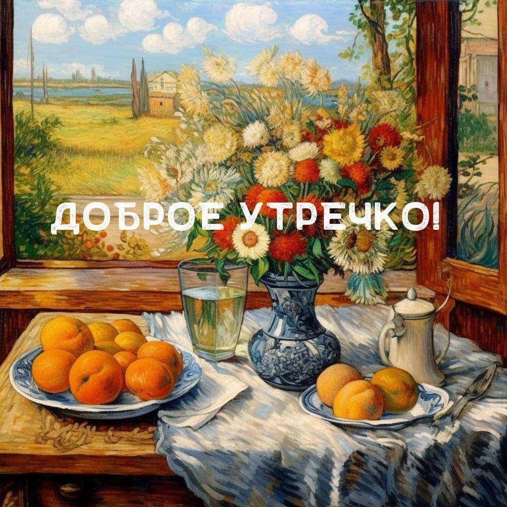 Утро, красивый букет цветов в синей вазе на подоконнике