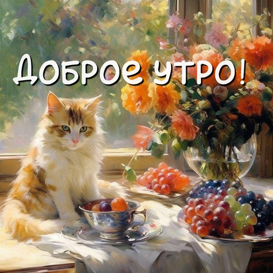 Утро, красивый кот сидит на столе возле окна