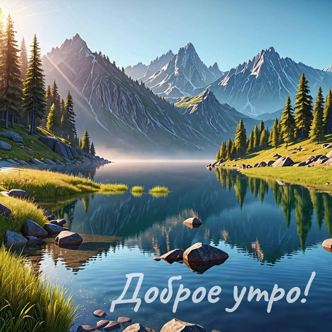 Утро, красивый пейзаж с озером и горами