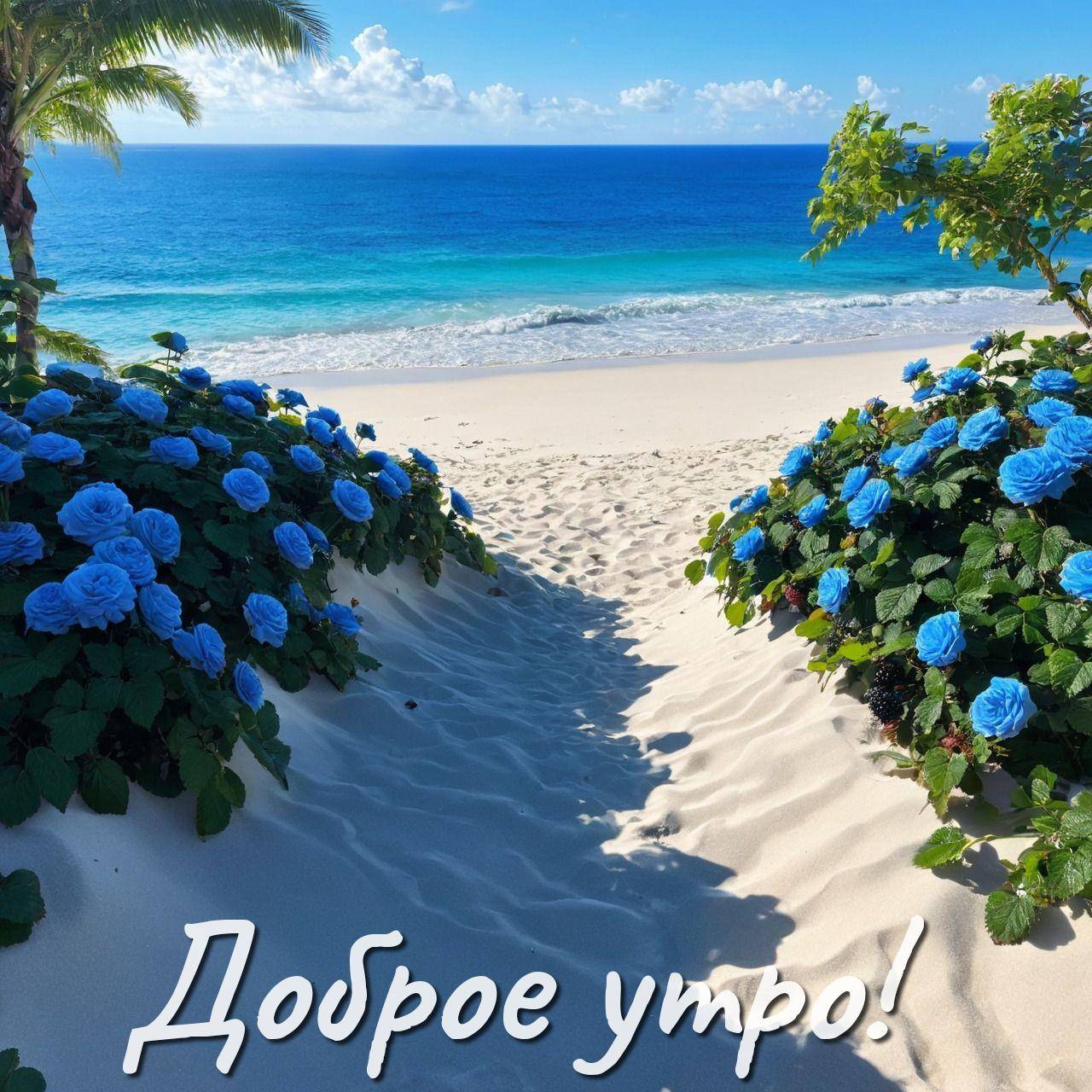 Утро, красивый пляж с белым песком и синим морем
