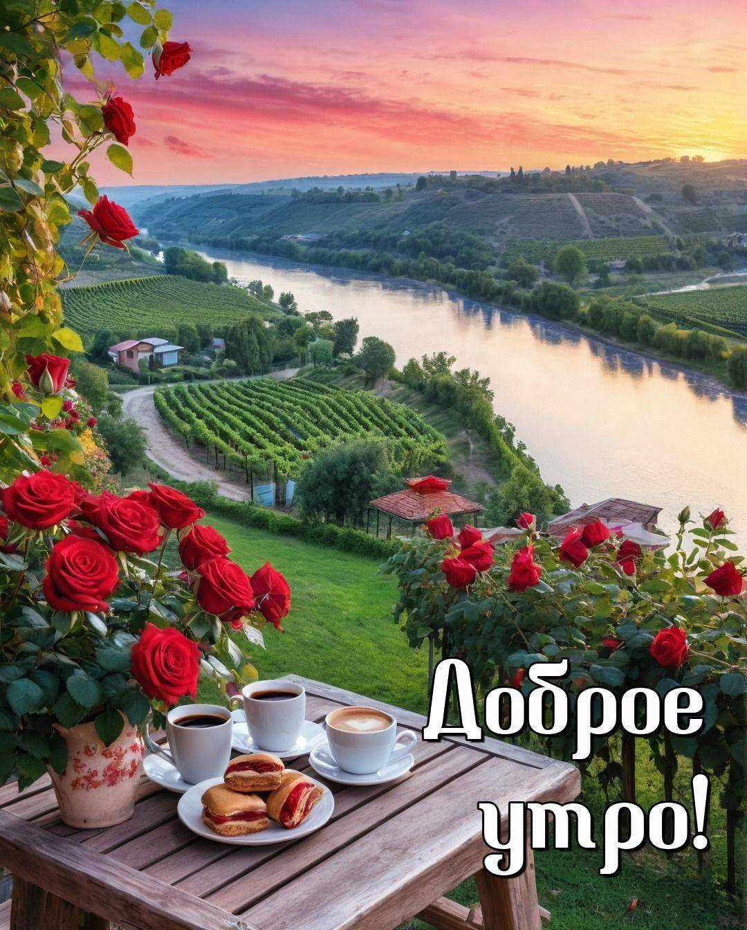 Утро, красивый вечерний пейзаж, закат, река, столик с кофе и пирожными