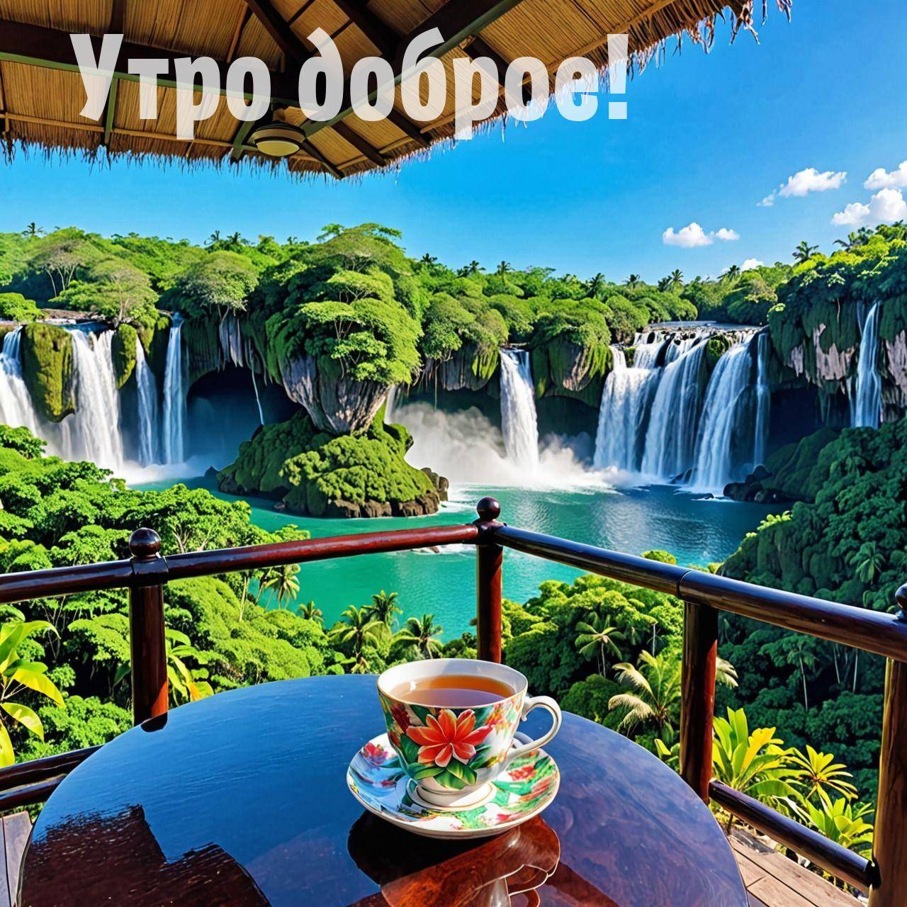 Утро, красивое место с водопадами и деревянным столиком