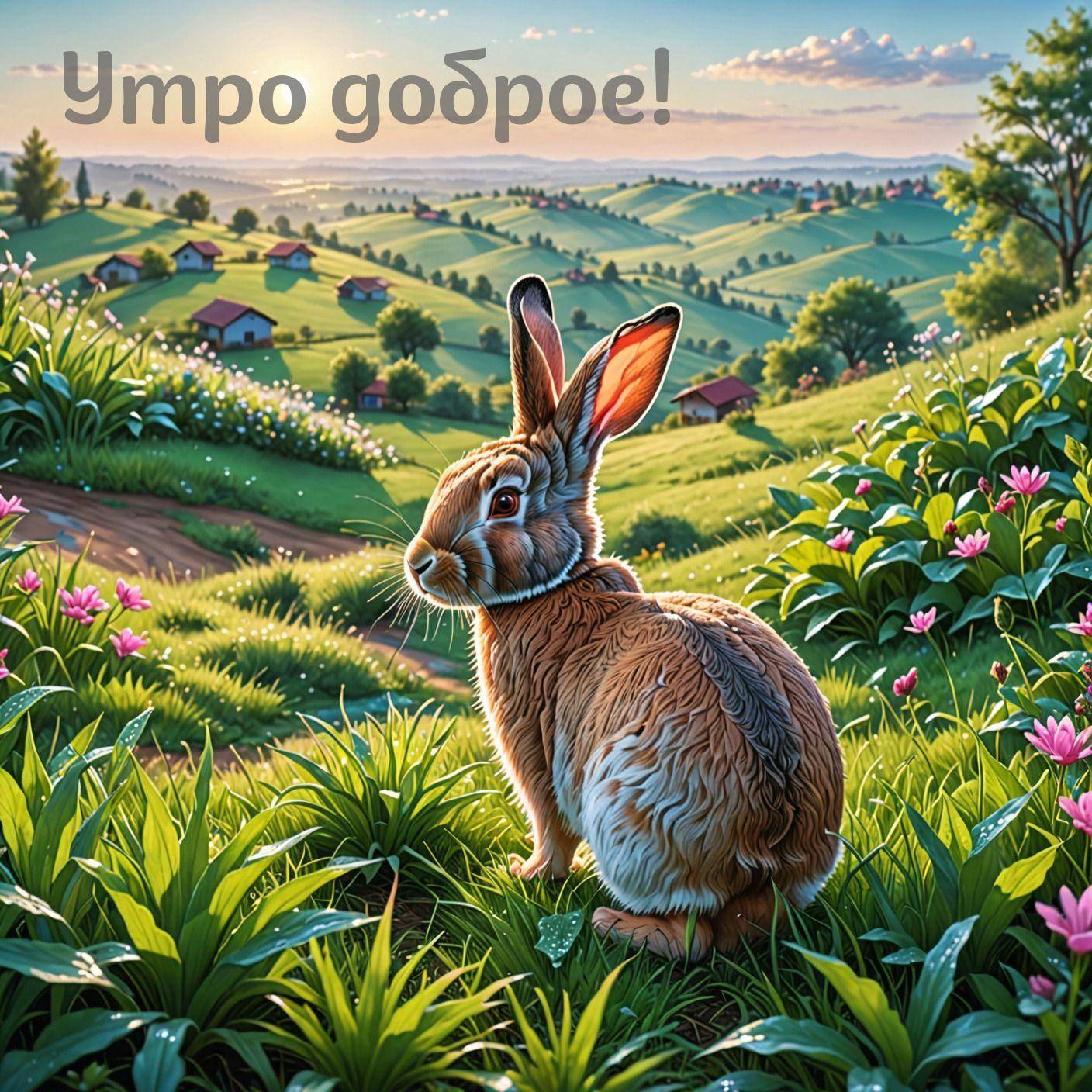 Утро, кролик на фоне зелёного пейзажа