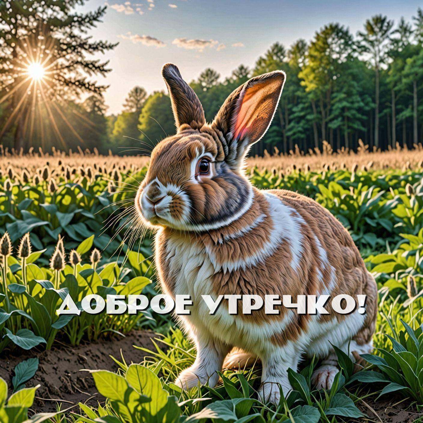 Утро, кролик с коричнево-белым окрасом на траве