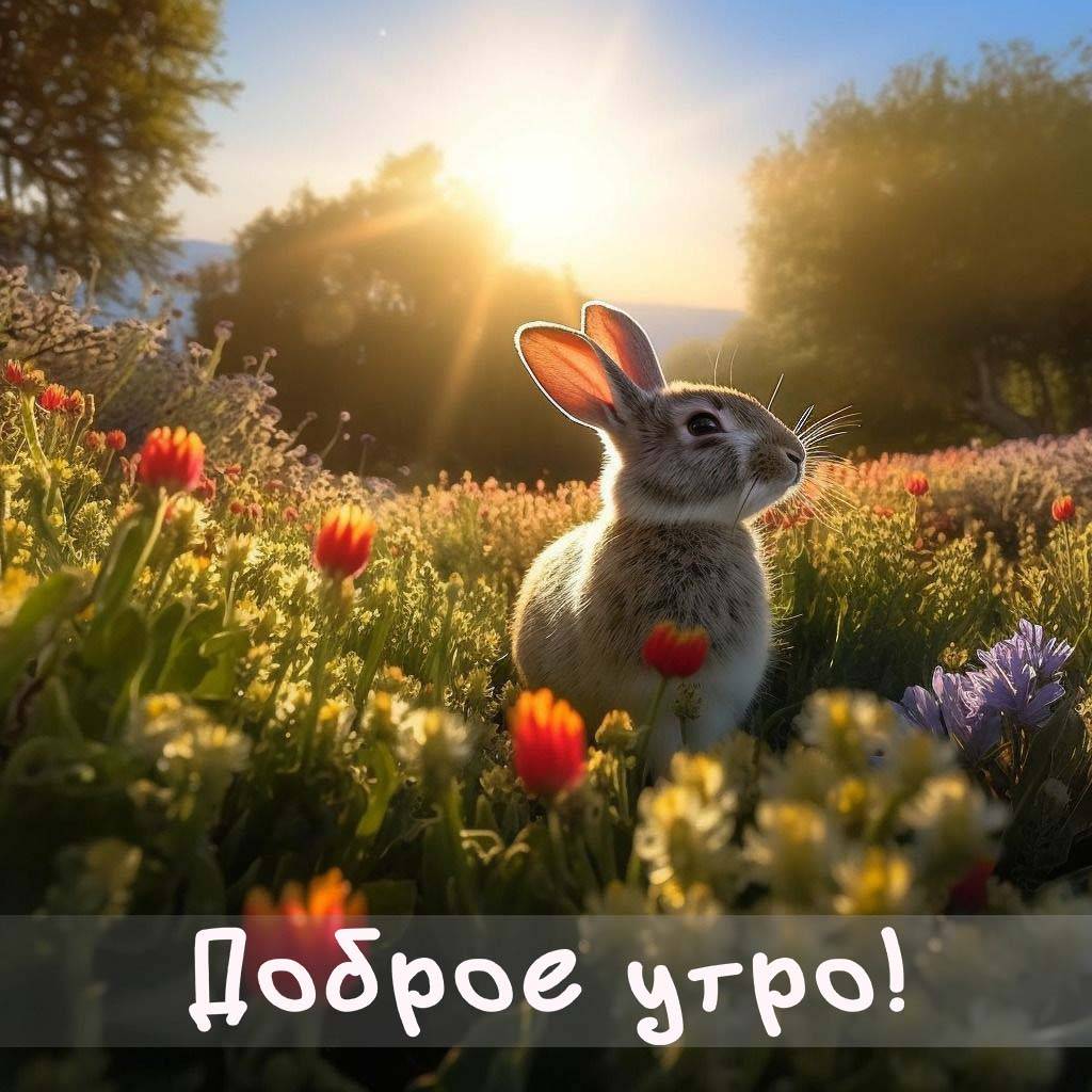 Утро, кролик в поле с цветами, освещённый утренним солнцем