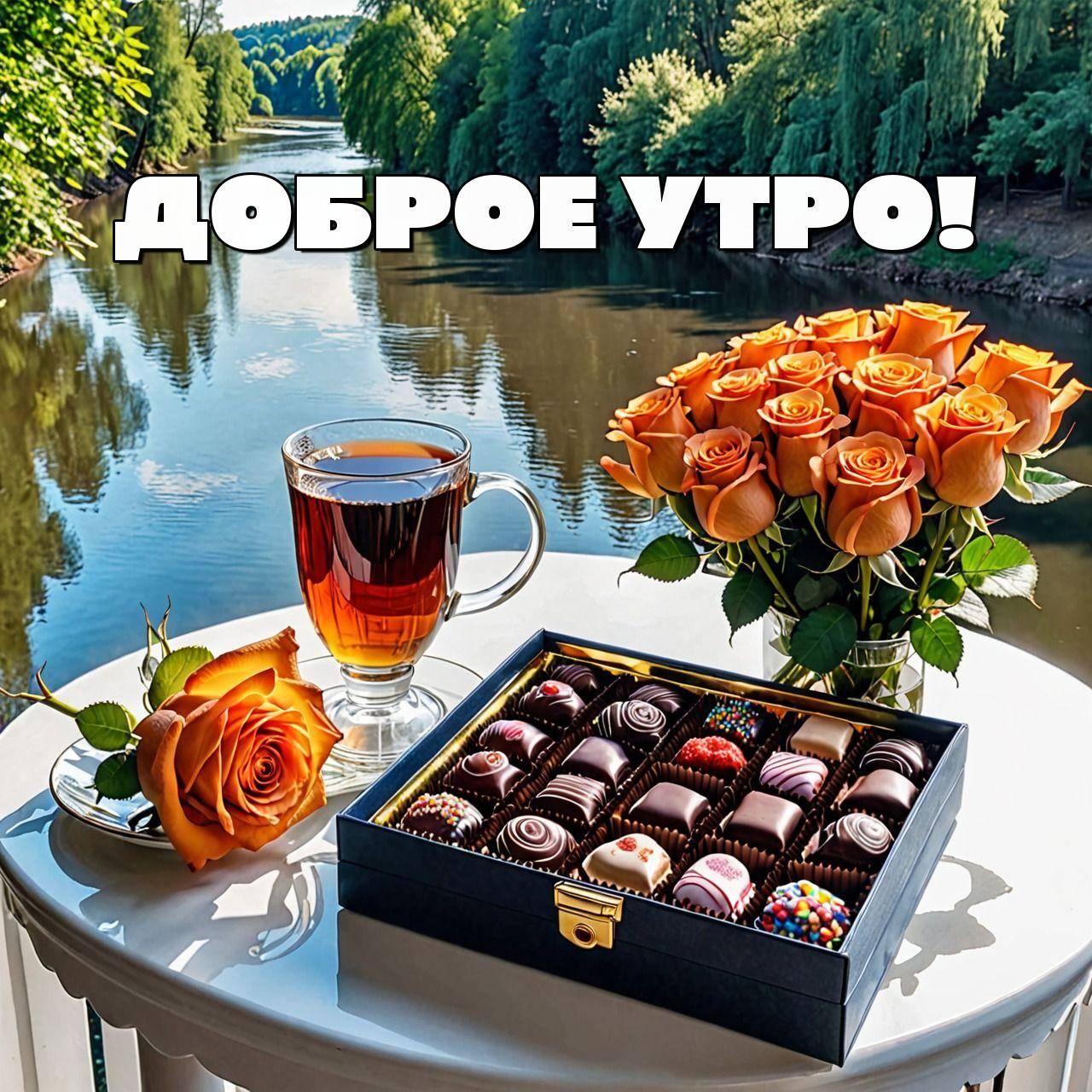 Утро, круглый столик у реки, чай, розы и конфеты