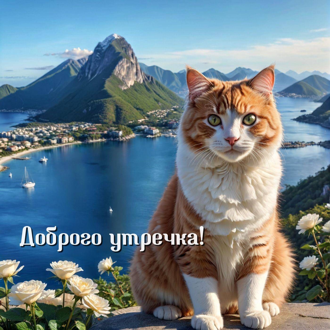Утро, крупный рыжий кот на фоне природы
