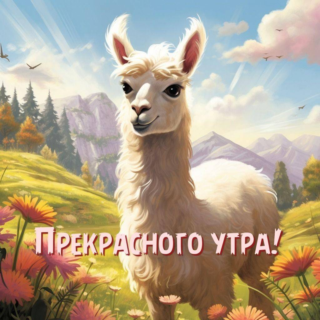 Утро, лама с белой шерстью на фоне гор
