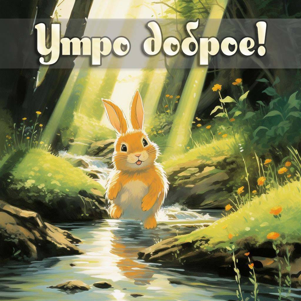 Утро, лесной пейзаж с кроликом у речки