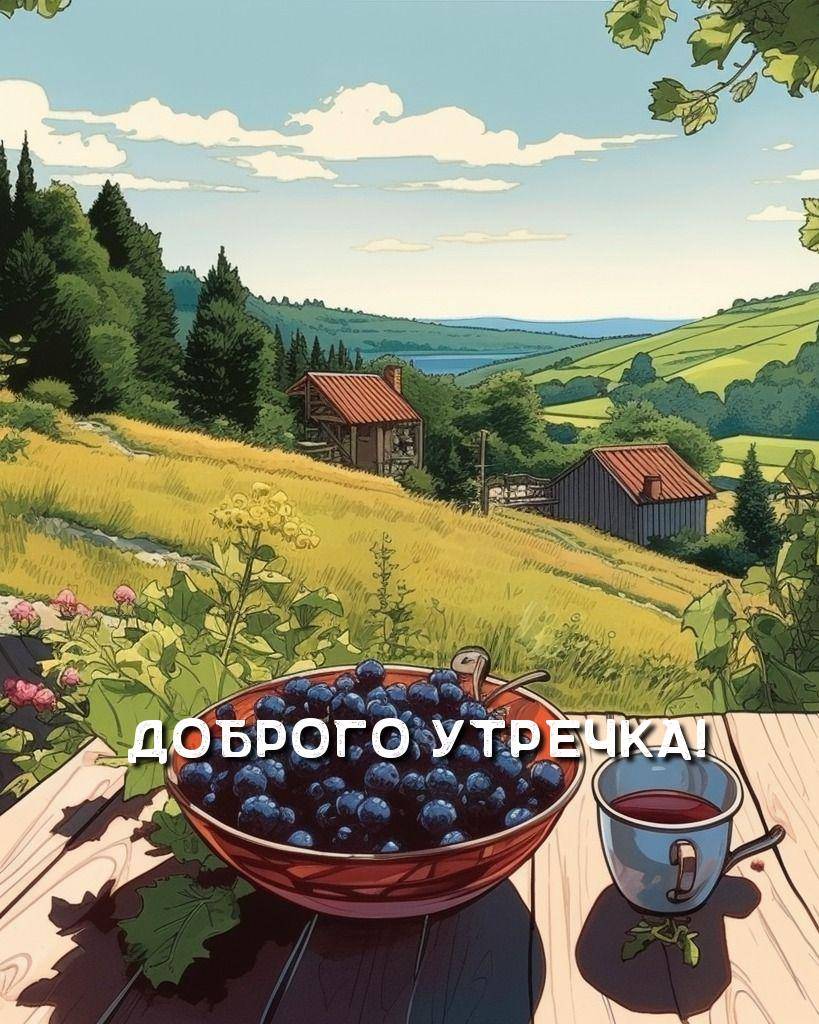 Утро, летний пейзаж: стол, черника, деревни