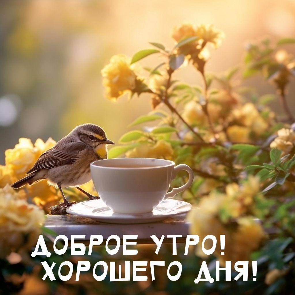 Утро, маленькая птичка на краю белой чашки с блюдцем