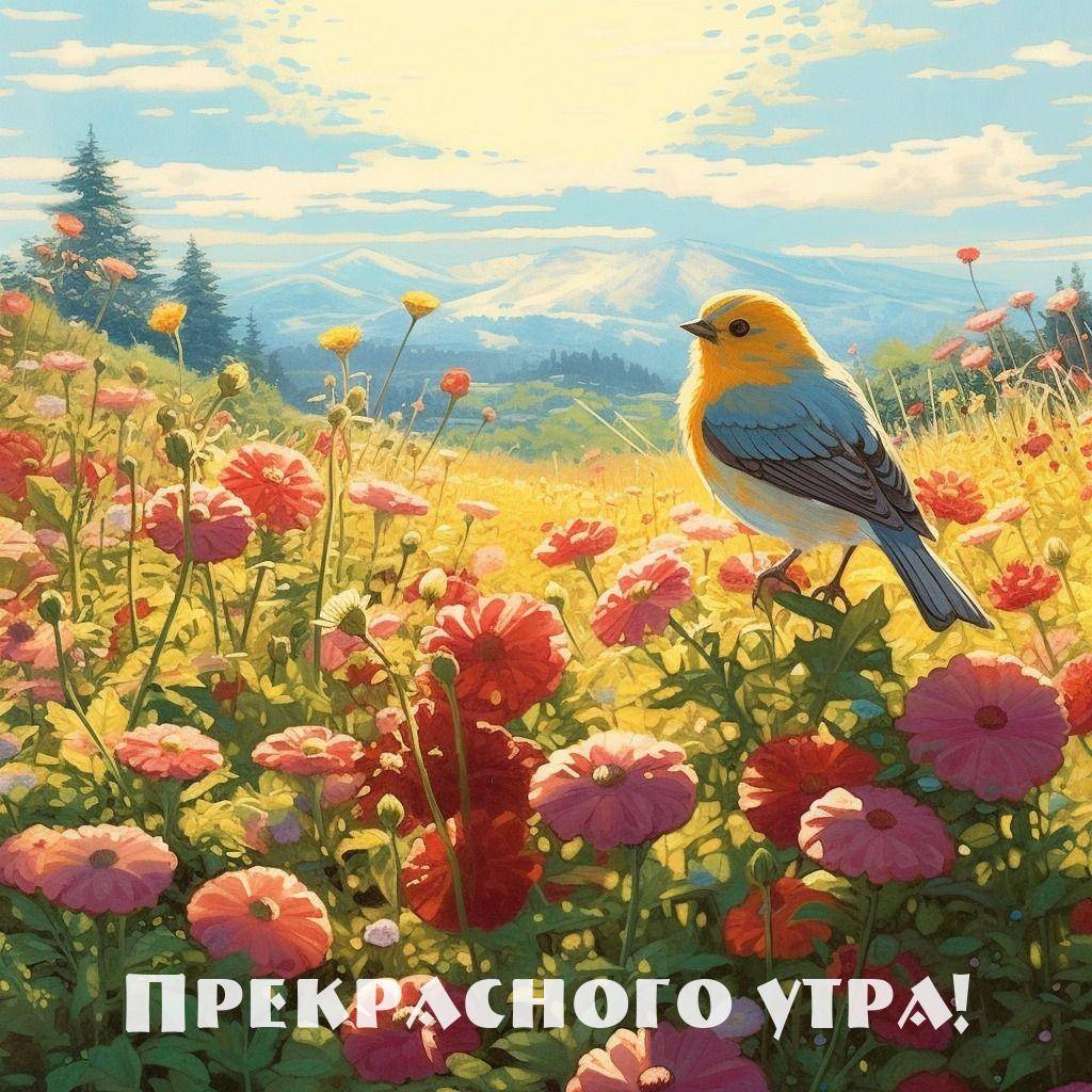 Утро, маленькая птица с жёлтой грудью среди поля цветов