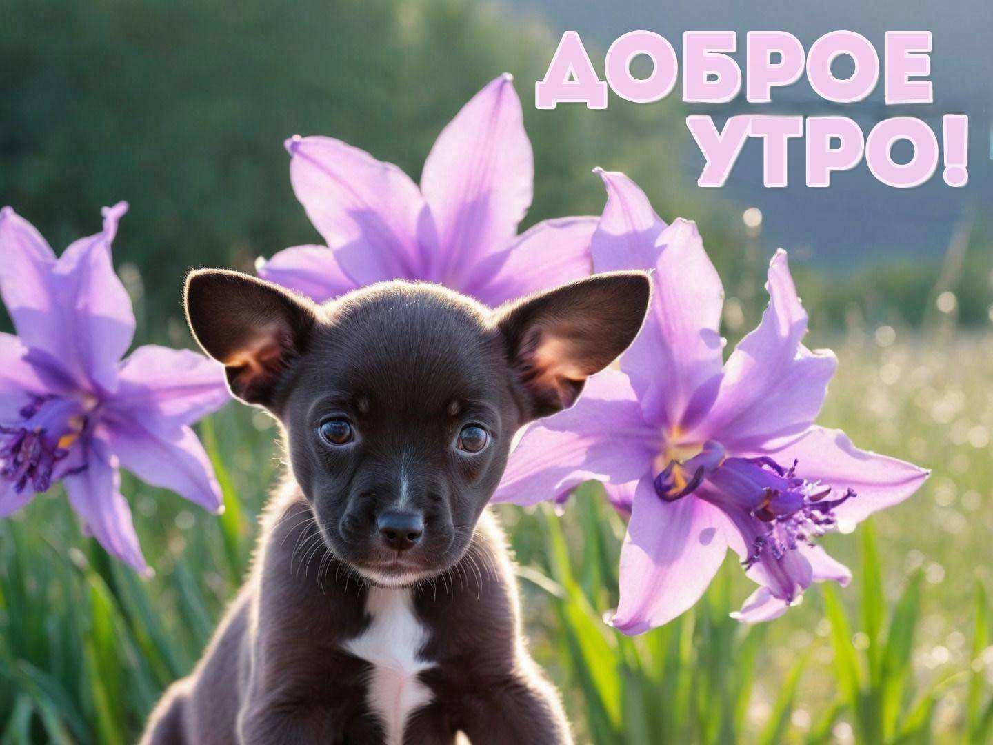 Утро, маленький черный щенок с белой грудкой перед цветами