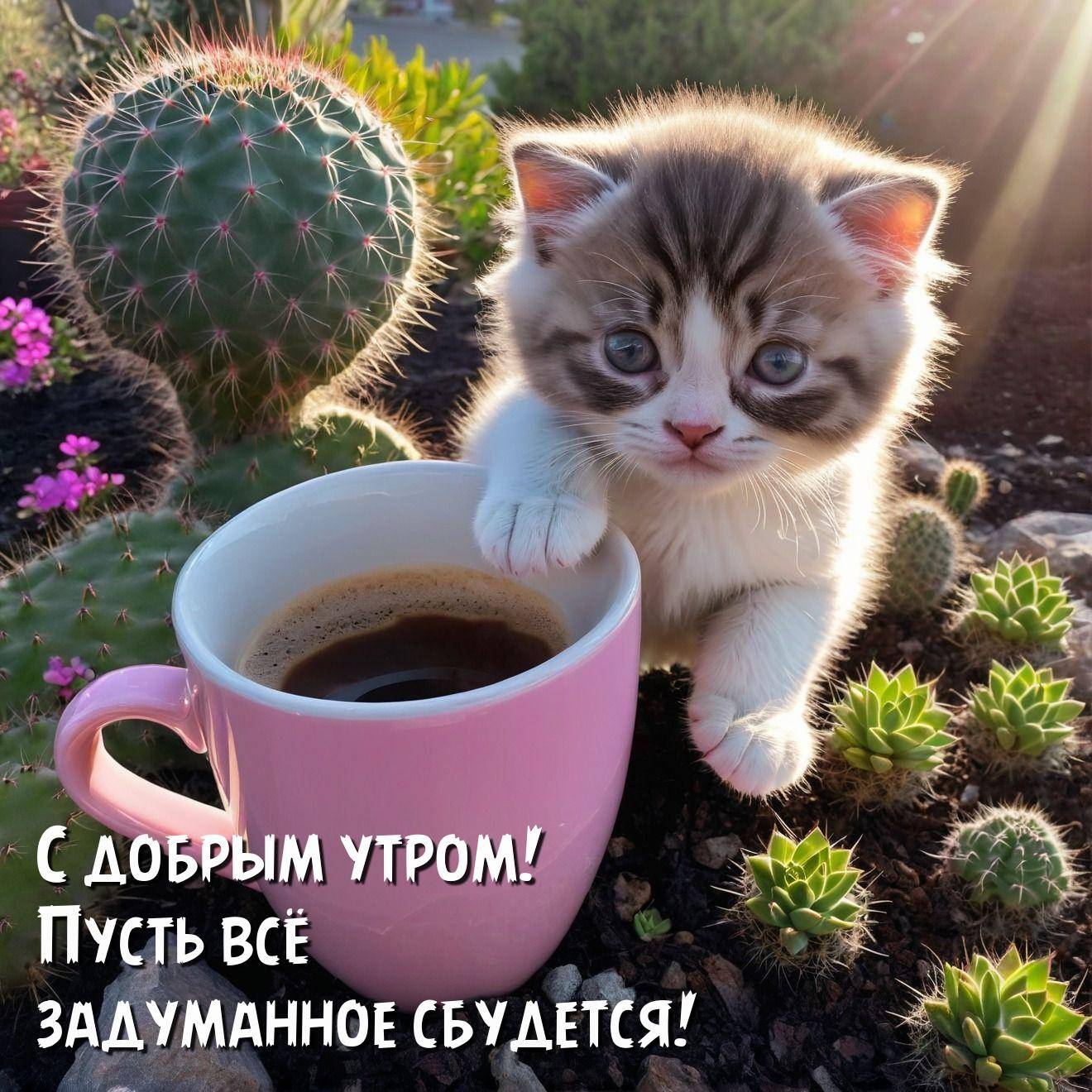 Утро, маленький котенок с большими синими глазами около чашки