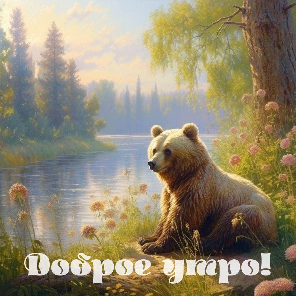 Утро, медведь у реки, цветы и деревья