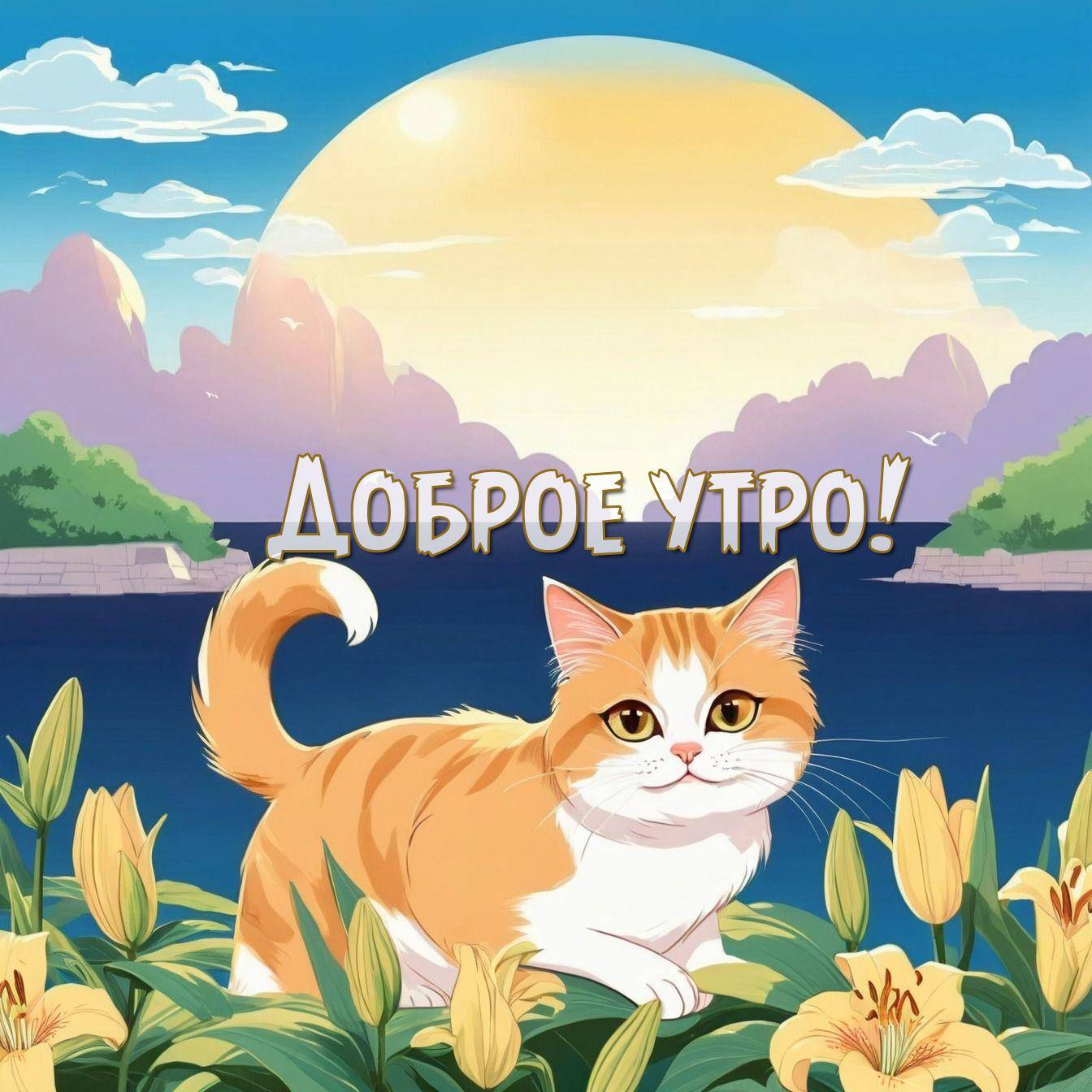Утро, милый рыжий кот среди цветов на фоне заката