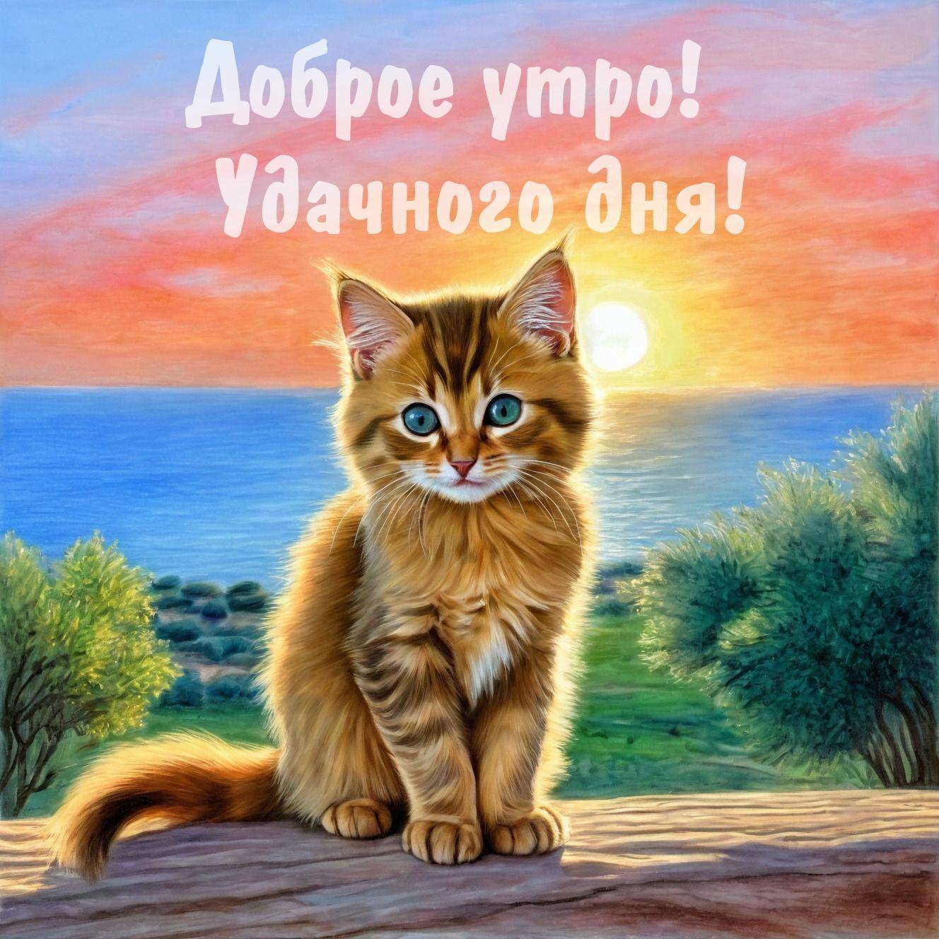 Утро, милый рыжий котенок с голубыми глазами на фоне заката