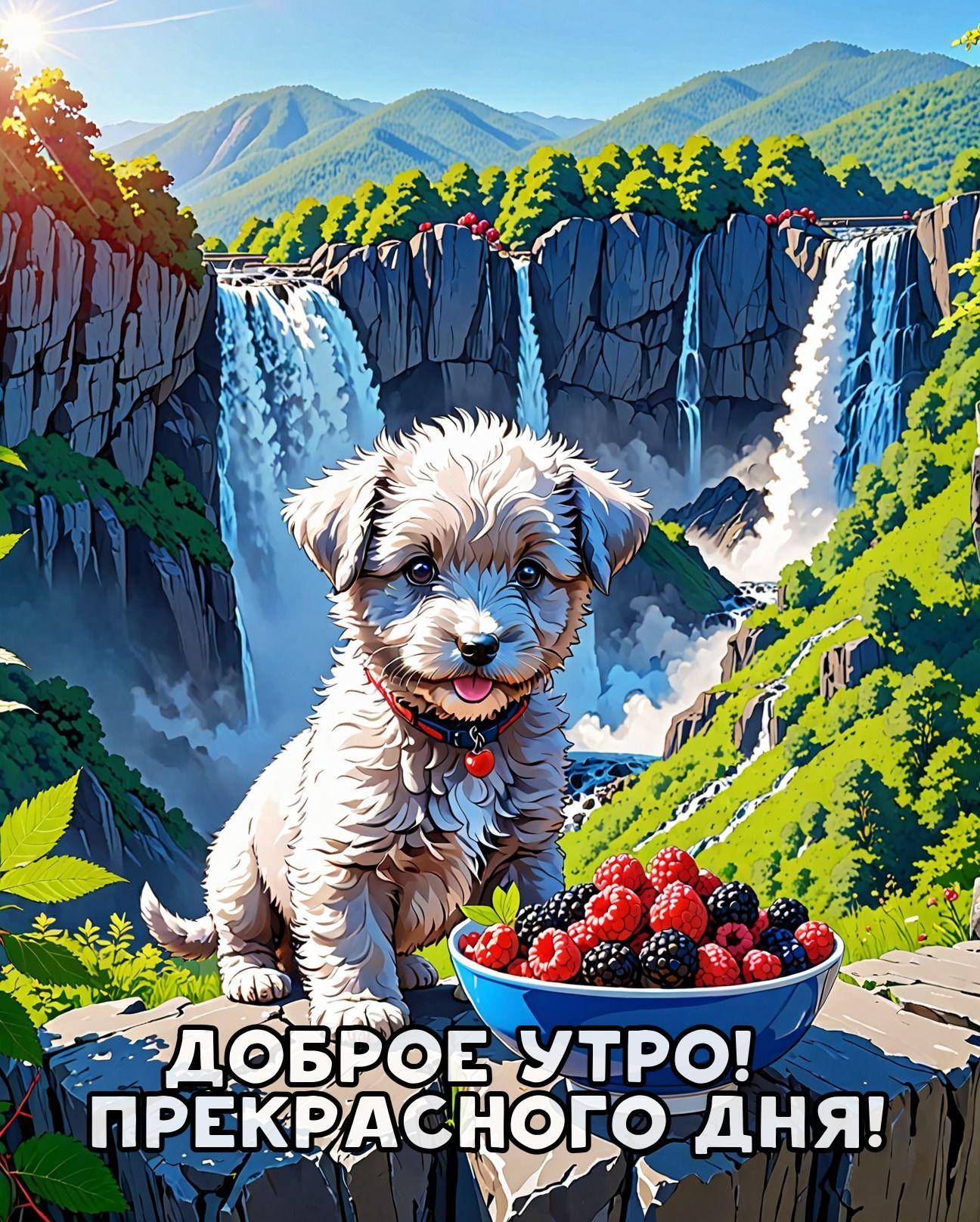 Утро, милый щенок на камне с ягодами на фоне водопада