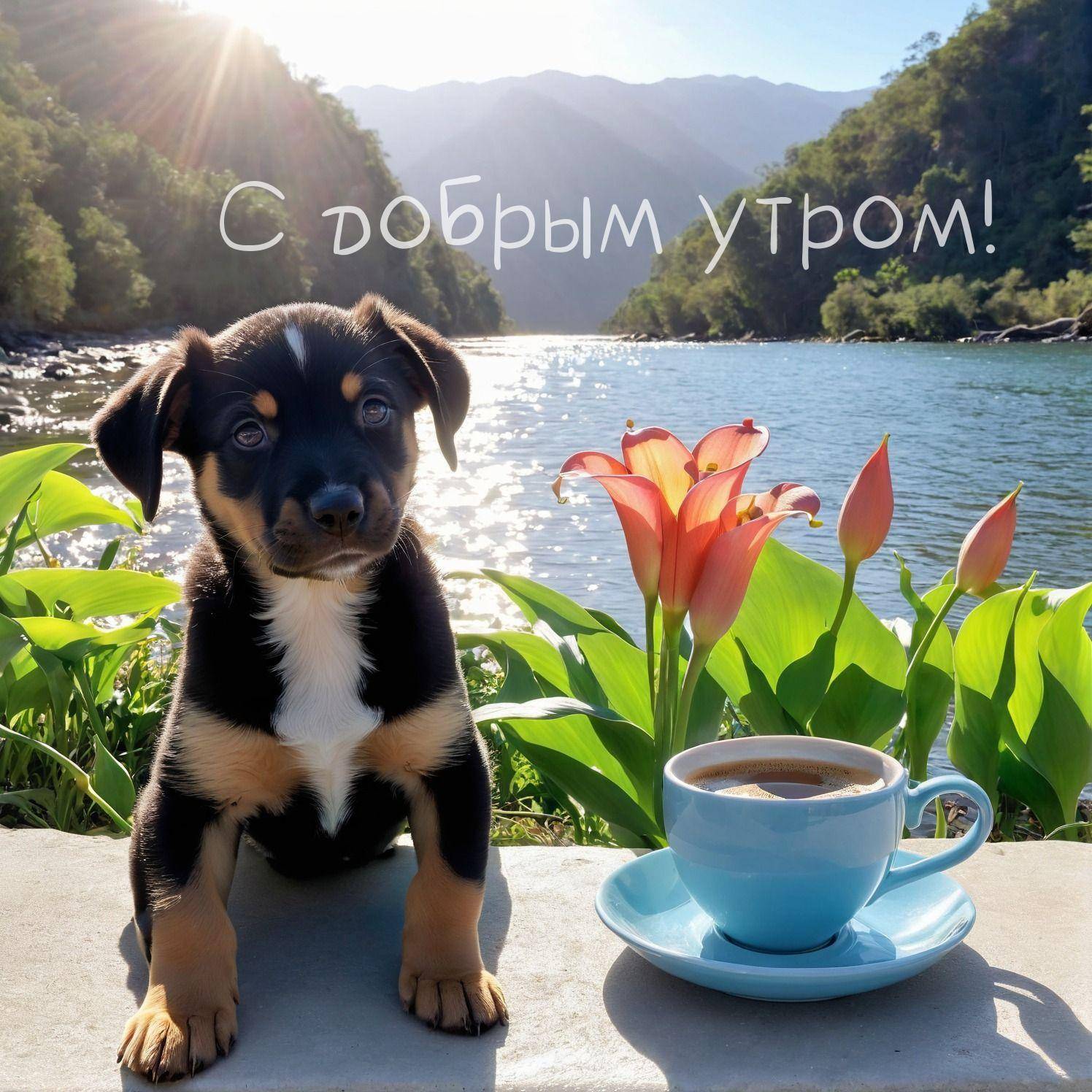 Утро, милый щенок с чашкой кофе и пейзажем