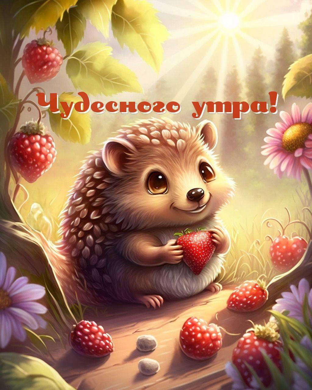 Утро, милый ёжик держит красную клубнику, вокруг цветы и ягоды