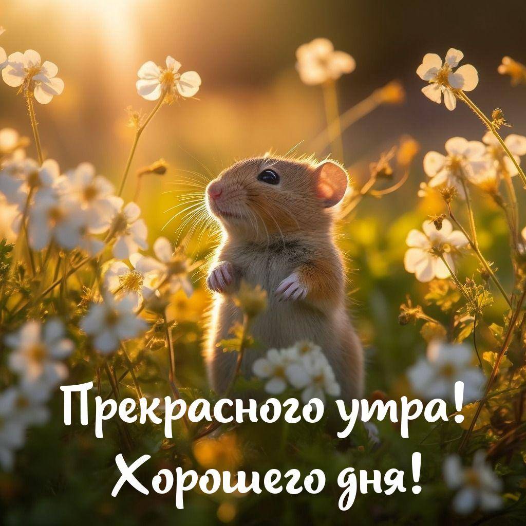 Утро, мышка среди белых и жёлтых цветов