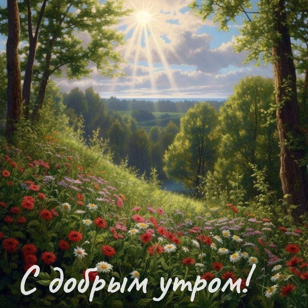Утро, многоцветный луг, окружённый деревьями, под солнечным светом