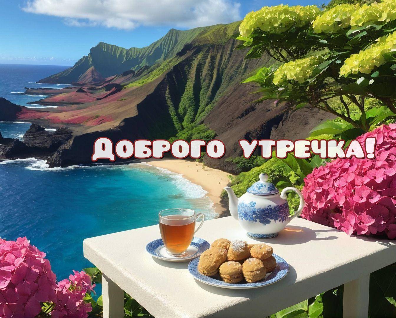 Утро, на изображении столик с чаем у океана