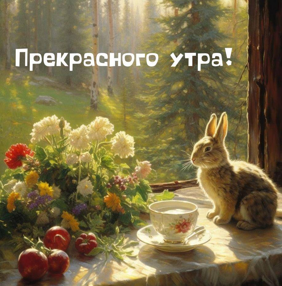 Утро, на подоконнике кролик, чайная чашка и цветы