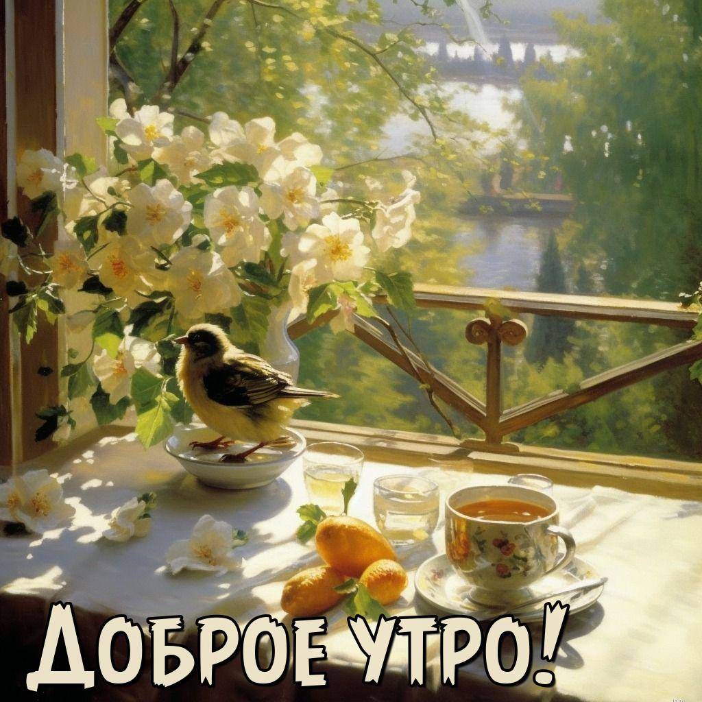 Утро, на столе чашка с чаем, бокалы, кумкваты, цветы