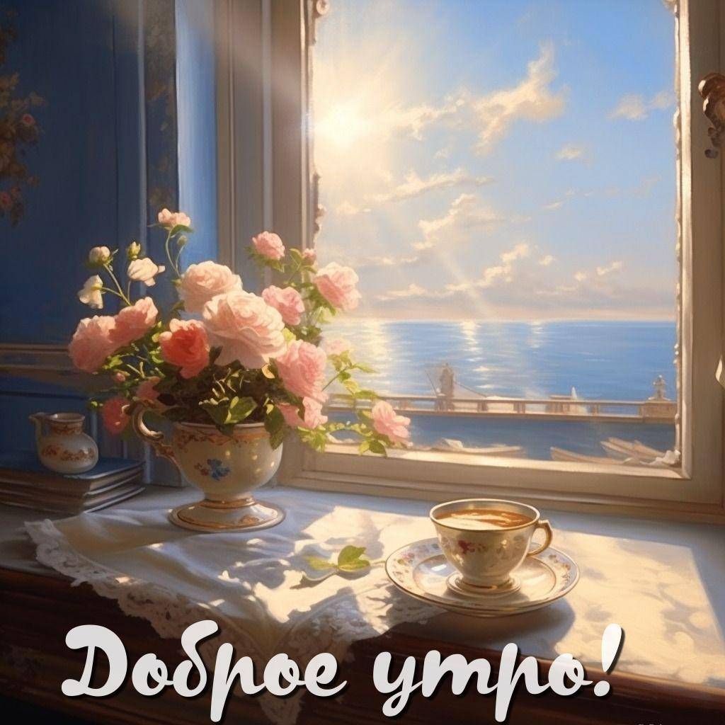 Утро, натюрморт на подоконнике с кофе, цветами и морским пейзажем