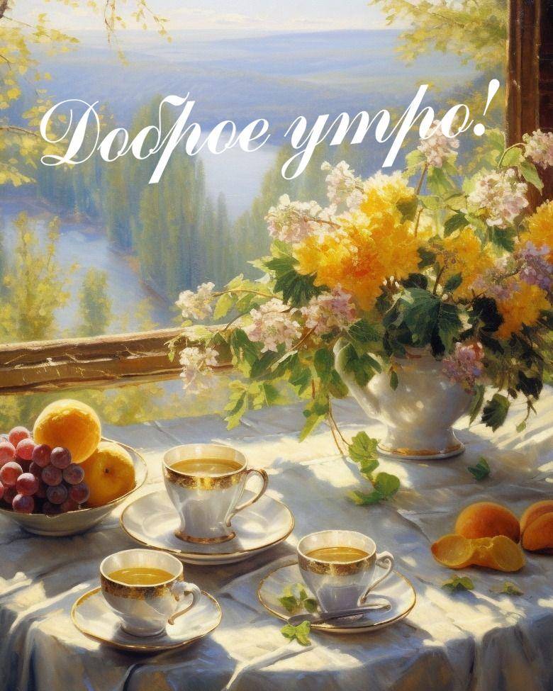 Утро, натюрморт с чашками, фруктами и цветами