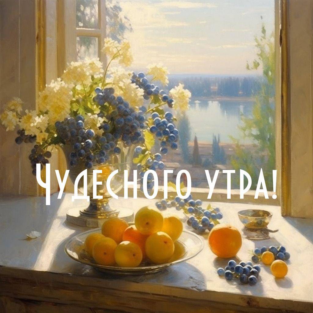 Утро, натюрморт с цветами и фруктами на подоконнике
