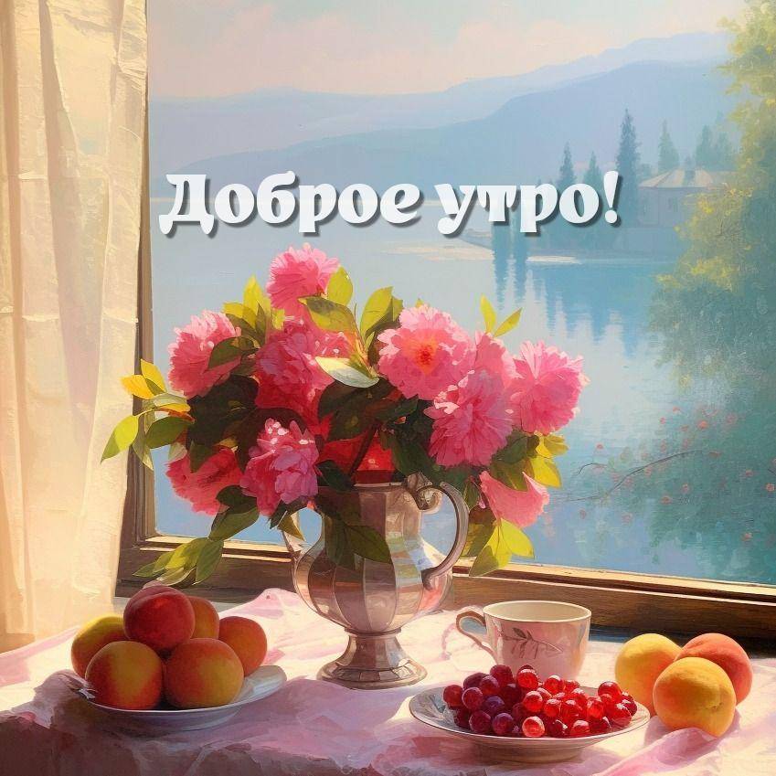 Утро, натюрморт с цветами, ягодами, персиками и пейзажем